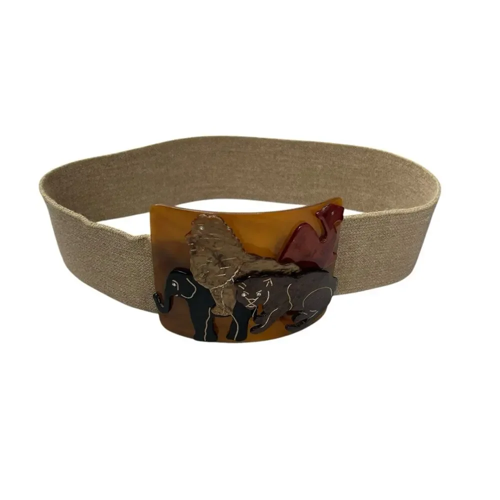 Vintage Statement Belt Buckle Animal Safari Plastic Rhinestone Eyes Stretchy